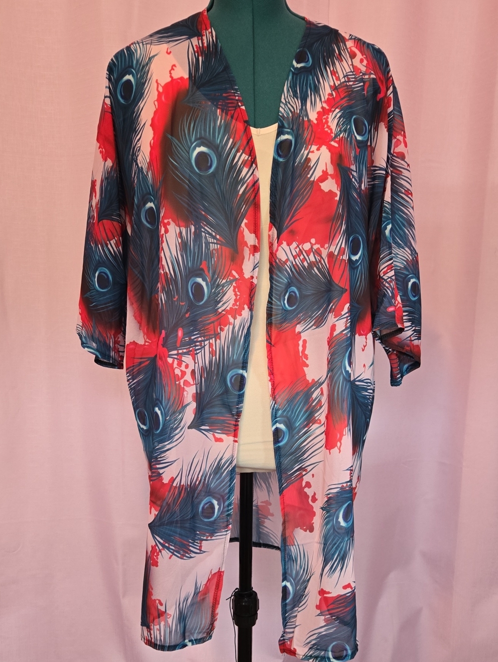 Peacock Feather Kimono - Teal & Red